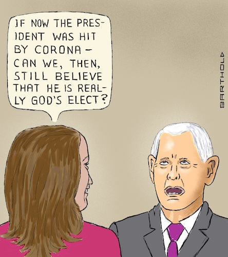 Cartoon: Irritation of a Faithful (medium) by Barthold tagged election,battle,campaign,donald,trump,2020,corona,infection,tv,debate,kamala,harris,mike,pence,god,withdrawal,protecting,hand,religious,view,favor,cartoon,caricature,barthold,election,battle,campaign,donald,trump,2020,corona,infection,tv,debate,kamala,harris,mike,pence,god,withdrawal,protecting,hand,religious,view,favor,cartoon,caricature,barthold