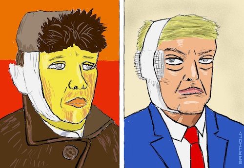 Cartoon: Juxtaposition (medium) by Barthold tagged assassination,attempt,trump,july,14,2024,butler,pennsylvania,juxtaposition,vincent,van,gogh,donald,ear,bandage,craze,madness,cartoon,caricature,barthold,assassination,attempt,trump,july,14,2024,butler,pennsylvania,juxtaposition,vincent,van,gogh,donald,ear,bandage,cartoon,caricature,barthold