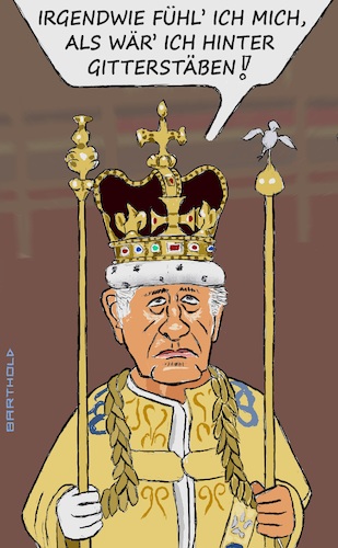 Cartoon: Krönung Charles III (medium) by Barthold tagged könig,charles,iii,england,krönung,halten,zwei,zepter,ähnlichkeit,gitterstäbe,zwangsjacke,royale,pflichten,unfreiheit,cartoon,karikatur,barthold,könig,charles,iii,england,krönung,halten,zwei,zepter,ähnlichkeit,gitterstäbe,zwangsjacke,royale,pflichten,unfreiheit,cartoon,karikatur,barthold