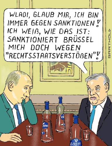 Cartoon: Leidensgenossen (medium) by Barthold tagged treffen,wladimir,putin,präsident,russland,viktor,orban,regierungschef,ungarn,februar,01,2022,moskau,positionierung,gegen,sanktionen,eu,zurückhaltung,mittel,corona,hilfsfond,wodka,gorbatschow,betrunken,traurig,cartoon,karikatur,barthold,treffen,wladimir,putin,präsident,russland,viktor,orban,regierungschef,ungarn,februar,01,2022,moskau,positionierung,gegen,sanktionen,eu,zurückhaltung,mittel,corona,hilfsfond,wodka,gorbatschow,betrunken,traurig,cartoon,karikatur,barthold