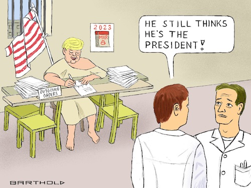 Cartoon: Lunatic Asylum 2023 (medium) by Barthold tagged donald,trump,president,usa,lame,duck,nonacceptance,election,loss,2020,executive,order,signature,mental,lunatic,asylum,presidential,working,place,tshirt,flag,stars,stripes,neurologists,psychiatrists,cartoon,caricature,barthold,donald,trump,president,usa,lame,duck,nonacceptance,election,loss,2020,executive,order,signature,mental,lunatic,asylum,presidential,working,place,tshirt,flag,stars,stripes,neurologists,psychiatrists,cartoon,caricature,barthold