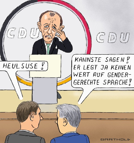 Cartoon: Merz Parteivorsitzender (medium) by Barthold tagged parteitag,cdu,januar,22,2022,wahl,friedrich,merz,parteivorsitzender,95,prozent,zustimmung,rührung,tränen,heulsuse,selbstbezogenheit,gegner,gendergerechte,sprache,cartoon,karikatur,barthold,parteitag,cdu,januar,22,2022,wahl,friedrich,merz,parteivorsitzender,95,prozent,zustimmung,rührung,tränen,heulsuse,selbstbezogenheit,gegner,gendergerechte,sprache,cartoon,karikatur,barthold