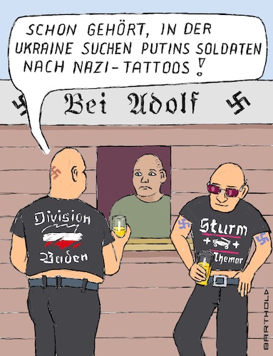 Cartoon: Putinfreunde verunsichert (medium) by Barthold tagged wladimir,putin,angriffskrieg,eroberungskrieg,ukraine,entnazifizierung,soldaten,durchführung,checks,passanten,nazi,tattoos,stehausschank,nazitreff,diskussion,verunsicherung,cartoon,karikatur,barthold,wladimir,putin,angriffskrieg,eroberungskrieg,ukraine,entnazifizierung,soldaten,durchführung,checks,passanten,nazi,tattoos,stehausschank,nazitreff,diskussion,verunsicherung,cartoon,karikatur,barthold