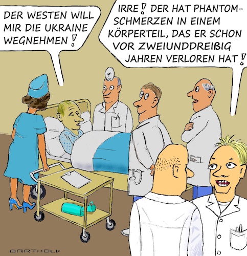 Cartoon: Putins Rede zu einem Jahr Krieg (medium) by Barthold tagged wladimir,putin,krankenbett,visite,ärzte,krankenschwester,klage,westen,einverleibung,ukraine,phantomschmerzen,cartoon,karikatur,barthold,wladimir,putin,krankenbett,visite,ärzte,krankenschwester,klage,westen,einverleibung,ukaine,phantomschmerzen,cartoon,karikatur,barthold