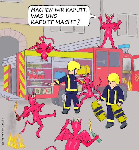 Cartoon: Randale gegen Einsatzkräfte (medium) by Barthold tagged silvester,2022,2023,hamburg,berlin,randale,gewalt,gegen,feuerwehr,polizei,löschzug,feuerwehrleute,teufel,feuerteufel,molotow,coctail,flammen,cartoon,karikatur,barthold,silvester,2022,2023,hamburg,berlin,randale,gewalt,gegen,feuerwehr,polizei,löschzug,feuerwehrleute,teufel,feuerteufel,molotow,coctail,flammen,cartoon,karikatur,barthold