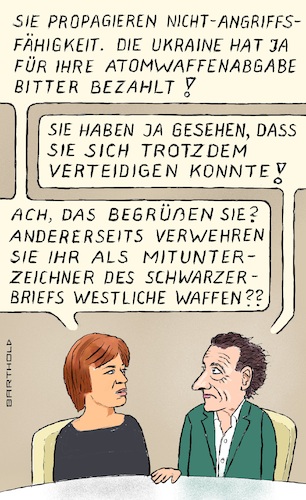 Cartoon: Rümelinsche Logik (medium) by Barthold tagged maybrit,illner,talkshow,dezember,08,2022,ukraine,ukrainekrieg,zeit,friedensverhandlungen,julian,nida,rümelin,philosoph,unterzeichner,alice,schwarzer,offener,brief,forderung,verhandlungen,keine,waffenlieferungen,argumentation,widersprüchlich,inkonsistent,cartoon,karikatur,barthold,maybrit,illner,talkshow,dezember,08,2022,ukraine,ukrainekrieg,zeit,friedensverhandlungen,julian,nida,rümelin,philosoph,unterzeichner,alice,schwarzer,offener,brief,forderung,verhandlungen,keine,waffenlieferungen,argumentation,widersprüchlich,inkonsistent,cartoon,karikatur,barthold