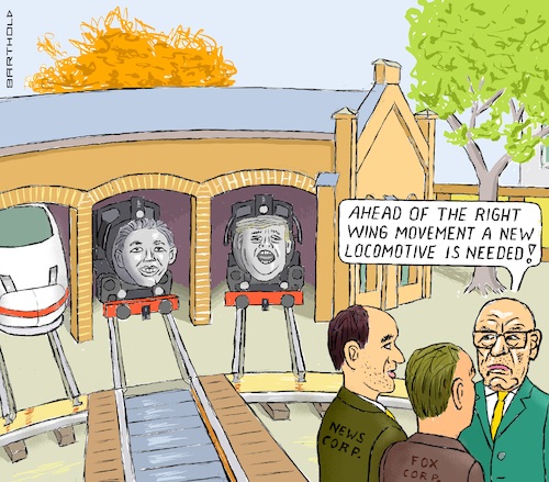 Cartoon: Rup. Murdoch Sets the Course! (medium) by Barthold tagged rupert,murdoch,media,mogul,svengali,preference,ron,desantis,engine,shed,turning,platform,steam,engines,donald,trump,ice,high,speed,train,fox,news,corporation,cartoon,caricature,barthold,rupert,murdoch,media,mogul,svengali,preference,ron,desantis,engine,shed,turning,platform,steam,engines,donald,trump,ice,high,speed,train,fox,news,corporation,cartoon,caricature,barthold