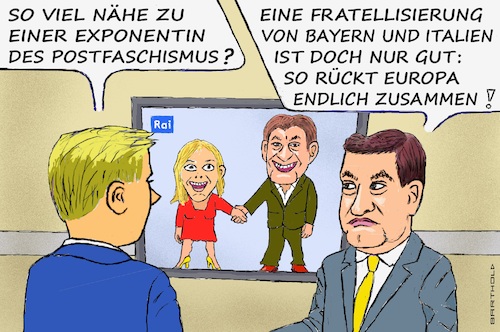 Cartoon: Söder fratellisiert sich (medium) by Barthold tagged besuch,treffen,markus,söder,giorgia,meloni,palazzo,chigi,viel,übereinstimmung,verbrenneraus,behandlung,flüchtlinge,fratelli,di,italia,postfaschistisch,partei,cartoon,karikatur,barthold,besuch,markus,söder,giorgia,meloni,palazzo,chigi,viel,übereinstimmung,verbrenneraus,behandlung,flüchtlinge,fratelli,di,italia,postfaschistisch,partei,cartoon,karikatur,barthold