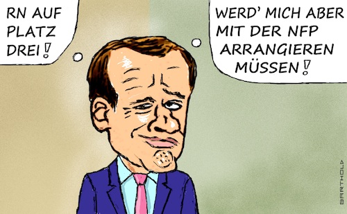 Cartoon: Süßsaures Wahlergebnis (medium) by Barthold tagged vorgezogene,parlamentswahl,frankreich,2024,rassemblement,national,platz,drei,nouvelle,front,populaire,stärkste,kraft,emmanuel,macron,halb,zufrieden,notwendigkeit,zusammenarbeit,nfp,zweierlei,mimik,zwinkern,cartoon,karikatur,barthold,vorgezogene,parlamentswahl,frankreich,2024,rassemblement,national,platz,drei,nouvelle,front,populaire,stärkste,kraft,emmanuel,macron,halb,zufrieden,notwendigkeit,zusammenarbeit,nfp,zweierlei,mimik,cartoon,karikatur,barthold