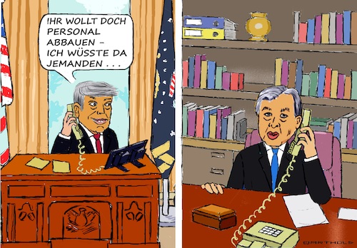 Cartoon: Tolle Offerte! (medium) by Barthold tagged uno,united,nations,schlechte,finanzlage,vorhaben,personalabbau,stellenabbau,telefonat,donald,trump,antonio,guterres,vermittlung,consultant,elon,musk,tätigkeit,doge,beendet,cartoon,karikatur,barthold,uno,united,nations,schlechte,finanzlage,vorhaben,personalabbau,stellenabbau,telefonat,donald,trump,antonio,guterres,vermittlung,consultant,elon,musk,tätigkeit,doge,beendet,cartoon,karikatur,barthold