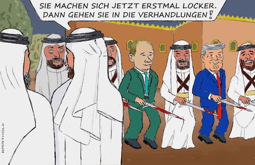 Cartoon: Treffen Trump Putin in Riad (medium) by Barthold tagged ukraine,friedensgespräche,friedensverhandlungen,trump,putin,riad,ardah,schwerttanz,murabba,palast,hof,munitionsgürtel,brust,schwerter,blutverschmiert,cartoon,karikatur,barthold,ukraine,friedensgespräche,trump,putin,riad,schwerttanz,murabba,palast,hof,munitionsgürtel,brust,schwerter,blutverschmiert,cartoon,karikatur,barthold