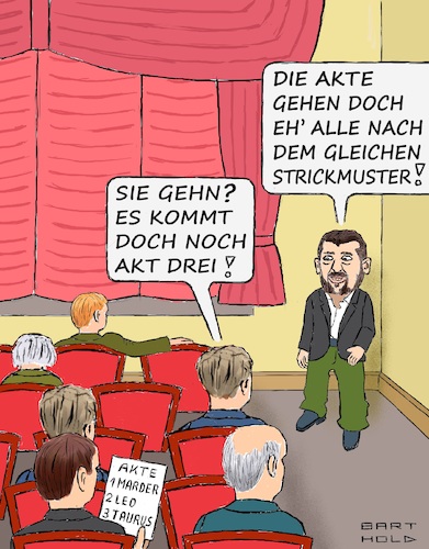 Cartoon: Ukraineunterstützungs-Theater (medium) by Barthold tagged ukraine,krieg,deutschland,unterstützung,zögern,warten,verhalten,usa,amerika,schützenpanzer,marder,kampfpanzer,leopard,mittelstrecken,marschflugkörper,taurus,parkett,theater,dialog,zuschauer,wolodymyr,selenskyj,vorzeitiges,gehen,cartoon,karikatur,barthold,ukraine,krieg,deutschland,unterstützung,zögern,warten,verhalten,usa,amerika,schützenpanzer,marder,kampfpanzer,leopard,mittelstrecken,marschflugkörper,taurus,parkett,theater,dialog,zuschauer,wolodymyr,selnskij,vorzeitiges,gehen,cartoon,karikatur,barthold