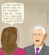 Cartoon: Irritation of a Faithful (small) by Barthold tagged election,battle,campaign,donald,trump,2020,corona,infection,tv,debate,kamala,harris,mike,pence,god,withdrawal,protecting,hand,religious,view,favor,cartoon,caricature,barthold