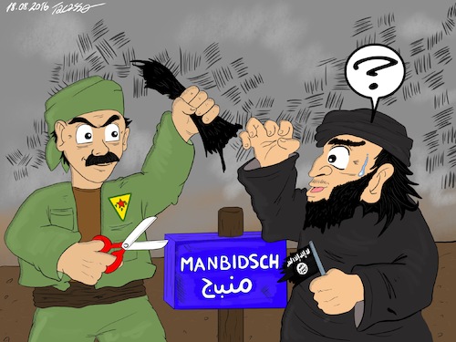 Cartoon: Manbij_YPG_SDF_IS (medium) by Tacasso tagged manbij,manbic,manbidsch,ypg,sdf,is,isis,daesh,kurdistan,kurdisch,kurden,guerilla,salafisten,islam,syrien