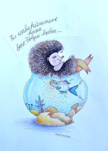 Cartoon: zu unbekümmert ... (medium) by katzen-gretelein tagged igel,raubfisch,stacheln,schlaf