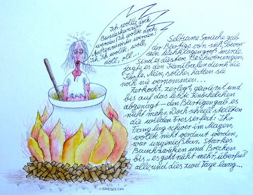 Cartoon: martins ende (medium) by katzen-gretelein tagged politiker,innenpolitik,urwald,essen,brauchtum,kochtopf,schrumpfkopf,kanibalismus,starkes,unwohlsein