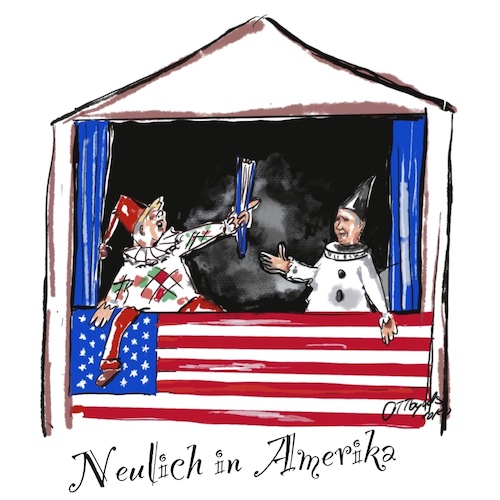 Cartoon: Neulich in Amerika (medium) by OTTbyrds tagged kasperltheater,trauerspiel,wahlkampf,usa,biden,trump,tvduell,schlammschlacht,tvdebatte