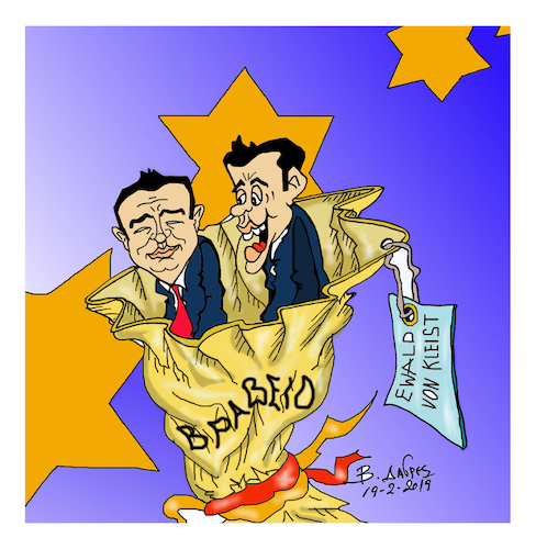 Cartoon: prize Tsipras Zaev (medium) by vasilis dagres tagged greece,skopia,tsipras,zaev,europe