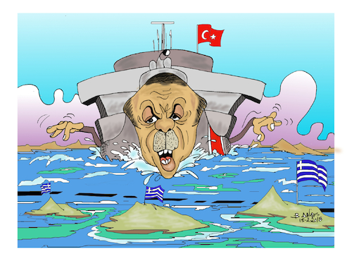 Cartoon: TURKEY ERTOGAN AIGIO PELAGOS (medium) by vasilis dagres tagged turkey,ertogan,aigio,pelagos,greece,war,activities