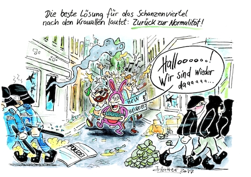 Cartoon: Nach den Krawallen (medium) by Jens Natter tagged schanze,hamburg,sternschanze,st,pauli,karwlle,schwarzer,block,jungesellenabschied,schanze,hamburg,sternschanze,st,pauli,krawlle,schwarzer,block,jungesellenabschied