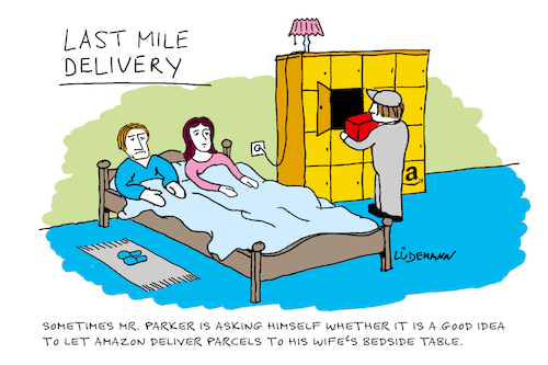 Cartoon: Amazon Last Mile Delivery (medium) by Lüdemann tagged logistics,amazon,locker,prime,private,bedroom,bedside,table,parcels,parcel,last,mile,delivery,station,package,ups,dhl,dpd,hermes,fedex,gls,postal,express,service,christmas,business,logistics,amazon,locker,prime,private,bedroom,bedside,table,parcels,parcel,last,mile,delivery,station,package,ups,dhl,dpd,hermes,fedex,gls,postal,express,service,christmas,business