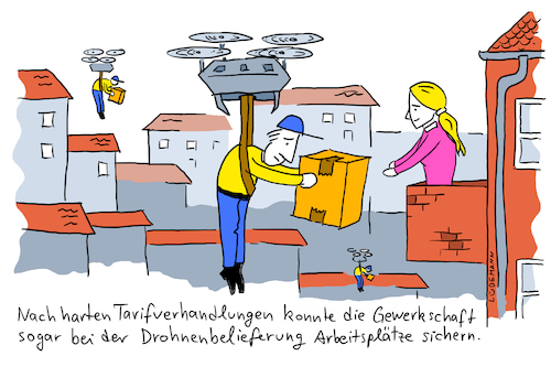 Cartoon: Drohnenbelieferung mit Zusteller (medium) by Lüdemann tagged lüdemann,geschäftsmodell,zukunft,lufthoheit,luftraum,logistik,dhl,transport,drohnen,drohne,lieferservice,rewe,amazon,ups,gls,hermes,dpd,zusteller,tarif,tarifgehalt,gewerkschaft,gewerkschaften,verdi,tarifabschluss,postbote,beruf,automatisierung,drohnenbelieferung,arbeitsplatz,arbeitsplätze,sicherung,paket,zustellung,letzte,meile,übergabe,b2c,lieferung,belieferung,fachkräftemangel,personal,paketdienst,lohn,gehalt,karikatur,lüdemann,geschäftsmodell,zukunft,lufthoheit,luftraum,logistik,dhl,transport,drohnen,drohne,lieferservice,rewe,amazon,ups,gls,hermes,dpd,zusteller,tarif,tarifgehalt,gewerkschaft,gewerkschaften,verdi,tarifabschluss,postbote,beruf,automatisierung,drohnenbelieferung,arbeitsplatz,arbeitsplätze,sicherung,paket,zustellung,letzte,meile,übergabe,b2c,lieferung,belieferung,fachkräftemangel,personal,paketdienst,lohn,gehalt,karikatur