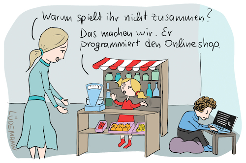 Cartoon: Kinder-Kaufladen 4.0 (medium) by Lüdemann tagged kunde,einzelhandel,kundendaten,produkt,onlinehandel,online,verkaufen,customer,centricity,daten,digitalisierung,rezession,smart,home,iot,onlineshop,shop,spielen,programmieren,channel,commerce,kind,kaufladen,upgrade,zusammen,kunde,einzelhandel,kundendaten,produkt,onlinehandel,online,verkaufen,customer,centricity,daten,digitalisierung,rezession,smart,home,iot,onlineshop,shop,spielen,programmieren,channel,commerce,kind,kaufladen,upgrade,zusammen