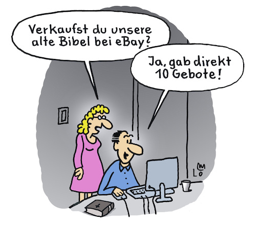 Cartoon: Auktion (medium) by Lo Graf von Blickensdorf tagged ebay,auktion,bibel,reformatinstag,martin,luther,religion,10,zehn,gebote,karikatur,lo,graf,cartoon,buch,frau,mann,ehepaar,computer,online,kirchenaustritt,ebay,auktion,bibel,reformatinstag,martin,luther,religion,10,zehn,gebote,karikatur,lo,graf,cartoon,buch,frau,mann,ehepaar,computer,online,kirchenaustritt