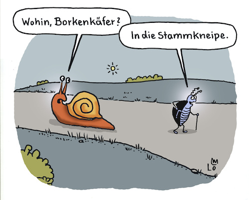 Cartoon: Begegnung (medium) by Lo Graf von Blickensdorf tagged borkenkäfer,schnecke,begegnung,natur,tiere,witz,wortspiel,karikatir,lo,graf,cartoon,baum,borke,kneipe,stamm,stammkneipe,borkenkäfer,schnecke,begegnung,natur,tiere,witz,wortspiel,karikatir,lo,graf,cartoon,baum,borke,kneipe,stamm,stammkneipe