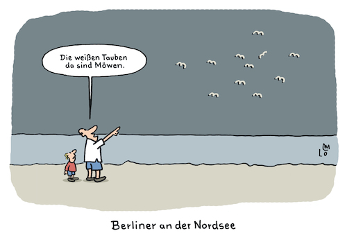 Cartoon: Berliner im Urlaub (medium) by Lo Graf von Blickensdorf tagged nordsee,möwen,strand,vater,sohn,eltern,karikatur,lo,graf,cartoon,urlaub,tauben,vögel,großstadt,großstadtwüste,nordsee,möwen,strand,vater,sohn,eltern,karikatur,lo,graf,cartoon,urlaub,tauben,vögel,großstadt,großstadtwüste