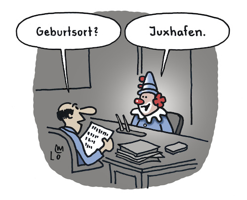 Cartoon: Clownesk (medium) by Lo Graf von Blickensdorf tagged geburtsort,clown,amt,schreibtisch,behörde,clownesk,lustig,jux,wortspiel,juxhafen,cuxhafen,karikatur,lo,graf,cartoon,albern,zirkus,geburtsort,clown,amt,schreibtisch,behörde,clownesk,lustig,jux,wortspiel,juxhafen,cuxhafen,karikatur,lo,graf,cartoon,albern,zirkus