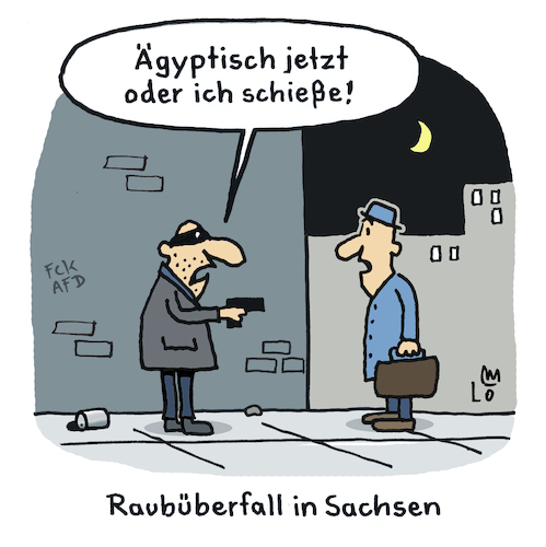 Cartoon: Dialekt (medium) by Lo Graf von Blickensdorf tagged ägyptisch,sächsisch,politik,pistole,sachsen,kriminalität,dialekt,räuber,karikatur,lo,graf,cartoon,nacht,überfall,mann,mond,fckafd,sprache,ägyptisch,sächsisch,politik,pistole,sachsen,kriminalität,dialekt,räuber,karikatur,lo,graf,cartoon,nacht,überfall,mann,mond,fckafd,sprache