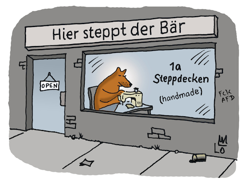 Cartoon: Geschäftsidee (medium) by Lo Graf von Blickensdorf tagged hier,steppt,der,bär,tier,redewendung,steppdecke,steppjacke,geschäftsidee,startup,nähmaschine,schneider,werkstatt,schaufenster,karikatur,lo,graf,cartoon,ladengeschäft,selbstständig,handwerk,wortspiel,handmade,hier,steppt,der,bär,tier,redewendung,steppdecke,steppjacke,geschäftsidee,startup,nähmaschine,schneider,werkstatt,schaufenster,karikatur,lo,graf,cartoon,ladengeschäft,selbstständig,handwerk,wortspiel,handmade