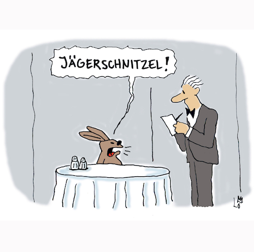 Cartoon: Hase im Restaurant (medium) by Lo Graf von Blickensdorf tagged jagd,hase,jäger,schnitzel,jägerschnitzel,gastronomie,restaurant,kellner,ober,jagd,hase,jäger,schnitzel,jägerschnitzel,gastronomie,restaurant,kellner,ober