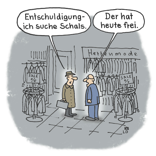 Cartoon: Im Bekleidungsladen (medium) by Lo Graf von Blickensdorf tagged bekleidung,verkäufer,mann,schal,winterkleidung,charles,freier,tag,geschäft,cartoon,boutique,kleidung,bekleidung,verkäufer,mann,schal,winterkleidung,charles,freier,tag,geschäft,cartoon,boutique,kleidung