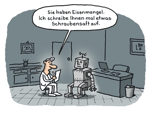 Cartoon: KI beim Arzt (medium) by Lo Graf von Blickensdorf tagged roboter,diagnose,künstliche,intelligenz,ki,eisenmangel,vitaminmangel,wortspiel,maschinenmensch,maschine,karikatur,graf,lo,cartoon,behandlungszimmer,arzt,doktor,der,medizin,krankenschein,rezept,schraubensaft,multivitaminsaft,schrauben,metall,eisen,roboter,diagnose,künstliche,intelligenz,ki,eisenmangel,vitaminmangel,wortspiel,maschinenmensch,maschine,karikatur,graf,lo,cartoon,behandlungszimmer,arzt,doktor,der,medizin,krankenschein,rezept,schraubensaft,multivitaminsaft,schrauben,metall,eisen