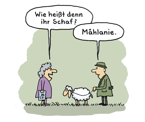 Cartoon: Mäh (medium) by Lo Graf von Blickensdorf tagged schaf,schäfer,mäh,frage,mann,frau,melanie,kosename,spitzname,wiese,mähen,wortspiel,cartoon,schaf,schäfer,mäh,frage,mann,frau,melanie,kosename,spitzname,wiese,mähen,wortspiel,cartoon