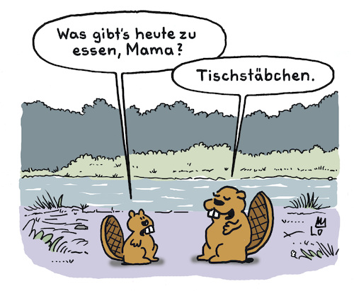 Cartoon: Mittag (medium) by Lo Graf von Blickensdorf tagged biber,mutter,kind,ernährung,fisch,kinder,eltern,mittagessen,mittag,fischstäbchen,tischstäbchen,wortspiel,holz,cartoon,lo,karikatur,biber,mutter,kind,ernährung,fisch,kinder,eltern,mittagessen,mittag,fischstäbchen,tischstäbchen,wortspiel,holz,cartoon,lo,karikatur