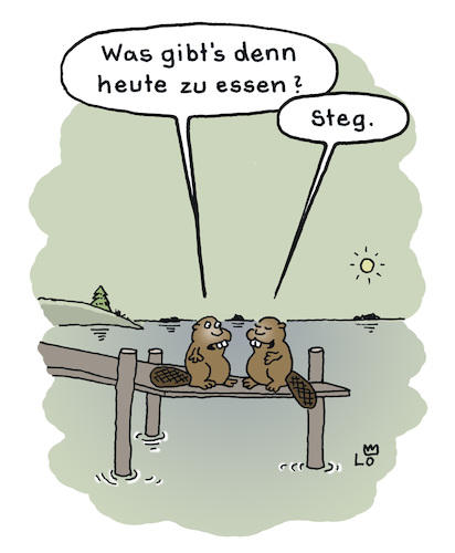 Cartoon: Mittagessen (medium) by Lo Graf von Blickensdorf tagged essen,mittagessen,abendessen,steak,biber,steg,wortspiel,holz,baumstamm,see,fluss,tiere,nagetier,karikatur,lo,cartoon,umwelt,essen,mittagessen,abendessen,steak,biber,steg,wortspiel,holz,baumstamm,see,fluss,tiere,nagetier,karikatur,lo,cartoon,umwelt