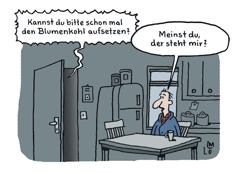 Cartoon: Neue Mode (medium) by Lo Graf von Blickensdorf tagged küche,ehe,neue,mode,blumenkohl,ehefrau,ehemann,beziehung,frau,politik,gesellschaft,karikatur,lo,graf,cartoon,mittagessen,nahrung,essen,männer,küche,ehe,neue,mode,blumenkohl,ehefrau,ehemann,beziehung,frau,politik,gesellschaft,karikatur,lo,graf,cartoon,mittagessen,nahrung,essen,männer