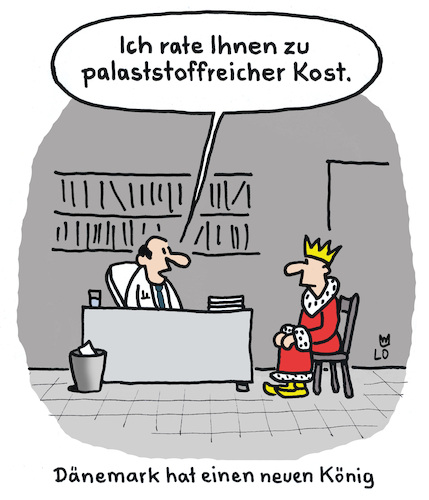 Cartoon: Neuer König (medium) by Lo Graf von Blickensdorf tagged dänemark,könig,frederik,thronwechsel,königin,margrethe,neuer,palast,ballastreiche,kost,wortspiel,karikatur,lo,graf,cartoon,monarchie,prinz,prinzessin,ernährung,nahrung,beratung,dänemark,könig,frederik,thronwechsel,königin,margrethe,neuer,palast,ballastreiche,kost,wortspiel,karikatur,lo,graf,cartoon,monarchie,prinz,prinzessin,ernährung,nahrung,beratung