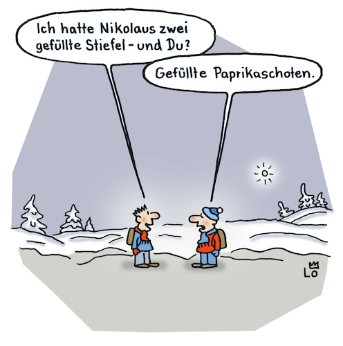 Cartoon: Nikolaustag (medium) by Lo Graf von Blickensdorf tagged nikolaus,stiefel,advent,geschenk,kinder,junge,schuljunge,schulkind,winter,weihnachtszeit,karikatur,lo,cartoon,angeber,gefüllte,paprikaschoten,dezember,nikolaus,stiefel,advent,geschenk,kinder,junge,schuljunge,schulkind,winter,weihnachtszeit,karikatur,lo,cartoon,angeber,gefüllte,paprikaschoten,dezember