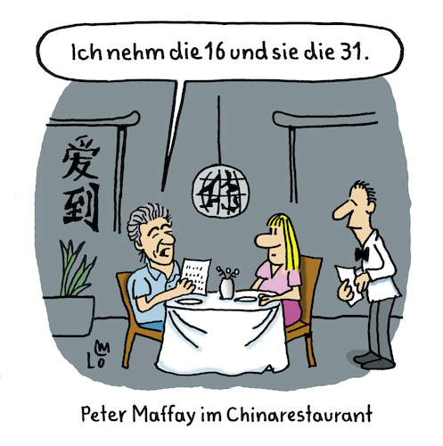 Cartoon: Peter Maffay (medium) by Lo Graf von Blickensdorf tagged chinarestaurant,speisenkarte,gericht,kellner,chinese,peter,maffay,karikatur,lo,graf,cartoon,bestellung,essen,sechzehn,einunddreißig,song,lied,musik,hit,chinarestaurant,speisenkarte,gericht,kellner,chinese,peter,maffay,karikatur,lo,graf,cartoon,bestellung,essen,sechzehn,einunddreißig,song,lied,musik,hit