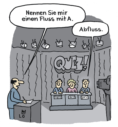 Cartoon: Ratespiel (medium) by Lo Graf von Blickensdorf tagged quiz,ratespiel,kandidaten,quizmaster,jauch,fluss,abfluss,karikatur,lo,graf,cartoon,fernsehen,fernsehstudio,tv,gewinner,verlierer,frage,quizfrage,moderator,quiz,ratespiel,kandidaten,quizmaster,jauch,fluss,abfluss,karikatur,lo,graf,cartoon,fernsehen,fernsehstudio,tv,gewinner,verlierer,frage,quizfrage,moderator