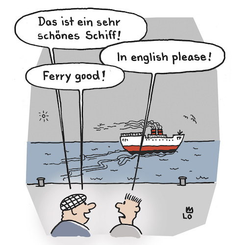 Cartoon: Schönes Schiff (medium) by Lo Graf von Blickensdorf tagged hafen,schiff,ozeandampfer,kreuzfahrtschiff,englisch,sprache,deutsch,fremdsprache,seefahrt,meer,hamburg,lo,karikatur,cartoon,seemann,kapitän,boot,passagierschiff,wortspiel,bewunderung,hafen,schiff,ozeandampfer,kreuzfahrtschiff,englisch,sprache,deutsch,fremdsprache,seefahrt,meer,hamburg,lo,karikatur,cartoon,seemann,kapitän,boot,passagierschiff,wortspiel,bewunderung