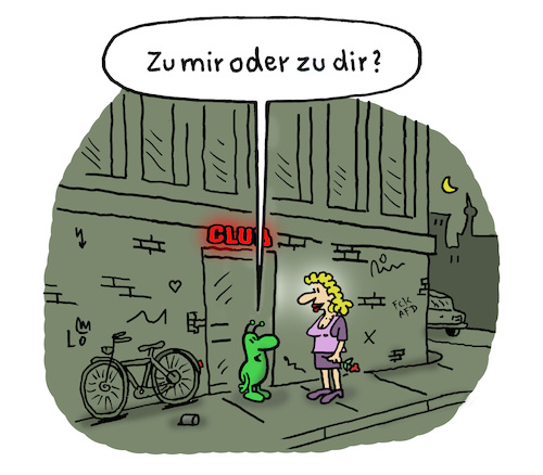 Cartoon: Selbstüberschätzung (medium) by Lo Graf von Blickensdorf tagged club,date,selbstüberschätzung,marsmensch,alien,marsmännchen,girl,mädchen,techno,berghain,kitkatclub,karikatur,lo,graf,cartoon,abschleppen,nacht,pärchen,nightlife,club,date,selbstüberschätzung,marsmensch,alien,marsmännchen,girl,mädchen,techno,berghain,kitkatclub,karikatur,lo,graf,cartoon,abschleppen,nacht,pärchen,nightlife