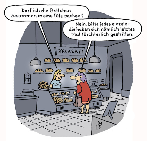 Cartoon: Streit (medium) by Lo Graf von Blickensdorf tagged brötchen,schrippen,wecken,semmeln,tüte,bäckerei,frau,verkäuferin,karikatur,lo,graf,cartoon,streit,brot,kuchentheke,frühstück,politik,bezoehung,wirtschaft,geld,gesellschaft,brötchen,schrippen,wecken,semmeln,tüte,bäckerei,frau,verkäuferin,karikatur,lo,graf,cartoon,streit,brot,kuchentheke,frühstück,politik,bezoehung,wirtschaft,geld,gesellschaft