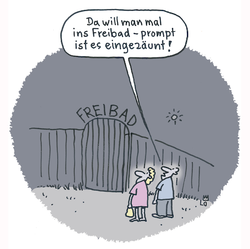 Cartoon: Unfrei (medium) by Lo Graf von Blickensdorf tagged zaun,freibad,umzäunt,pech,frei,unfrei,paar,ehepaar,beziehung,mann,frau,sommer,baden,zaun,freibad,umzäunt,pech,frei,unfrei,paar,ehepaar,beziehung,mann,frau,sommer,baden