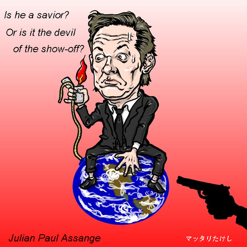 Cartoon: Is he God? Or devil (medium) by takeshioekaki tagged wikileaks,assange,paul,julian
