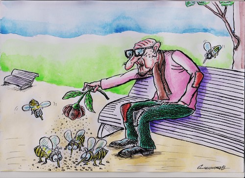 Cartoon: pollen (medium) by vadim siminoga tagged bees,pollen,old,abees,age,retirement,poverty,flowersge,flowers